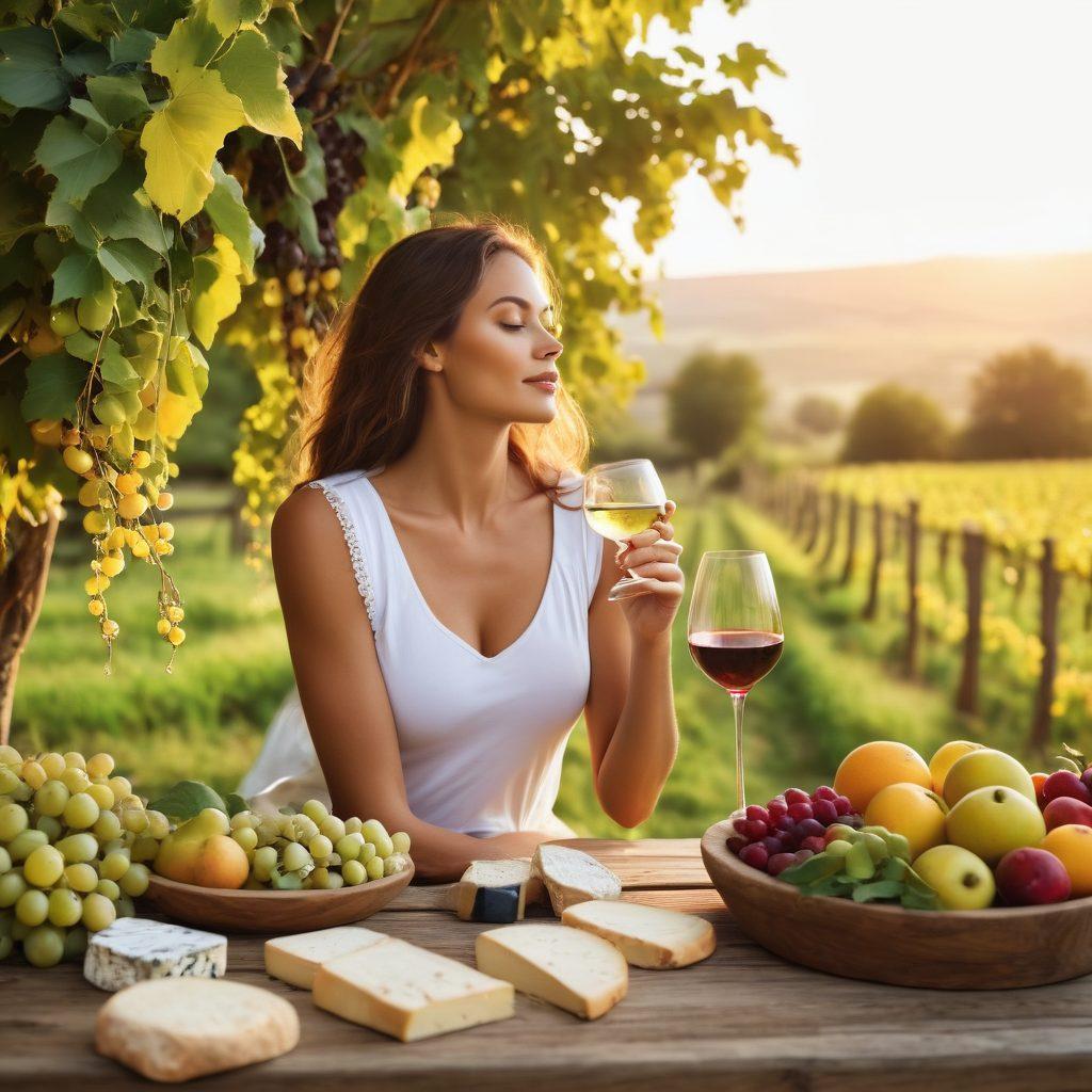 A serene scene featuring a fit woman, elegantly sipping a glass of wine in a vineyard during golden hour, surrounded by fresh fruits and artisanal cheeses on a rustic wooden table. She embodies mindfulness, with a calm expression, and the sun sets softly in the background casting a warm glow. Incorporate lush green vines and a hint of the countryside to enhance the ambiance of health and wellness. super-realistic. vibrant colors. natural lighting.