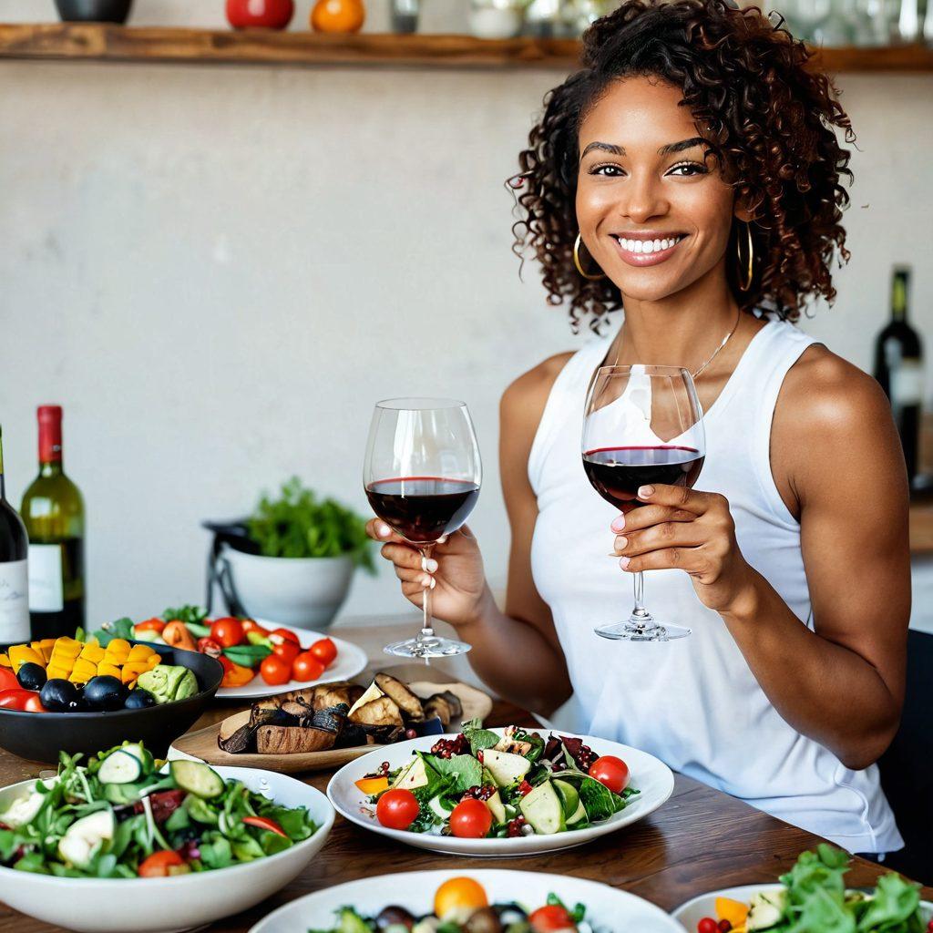 A vibrant table setting featuring various wine glasses filled with different types of wine, alongside healthy, colorful dishes like salads and grilled vegetables. A fit woman is holding a glass of wine and smiling, with athletic gear subtly visible in the background, conveying a sense of balance between fitness and enjoyment. Warm, inviting lighting enhances the atmosphere. super-realistic. vibrant colors. white background.